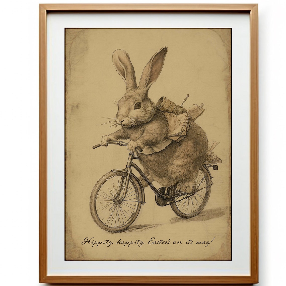 Vintage Easter Bunny Riding Bicycle Sepia Illustration Print - Image 3