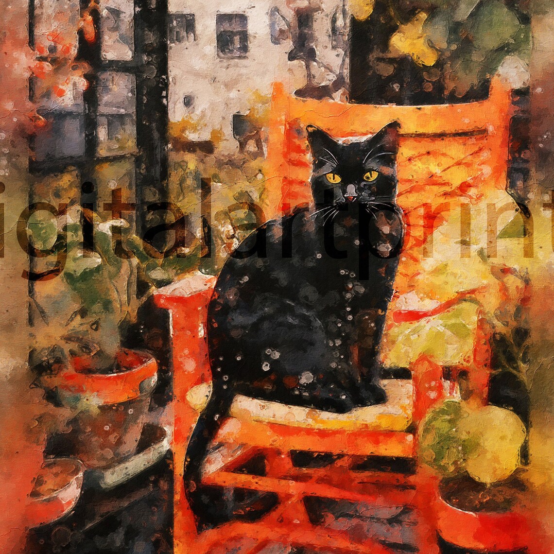 Impressionist Black Cat Poster with Golden Eyes by a Sunlit Garden Window - Image 3