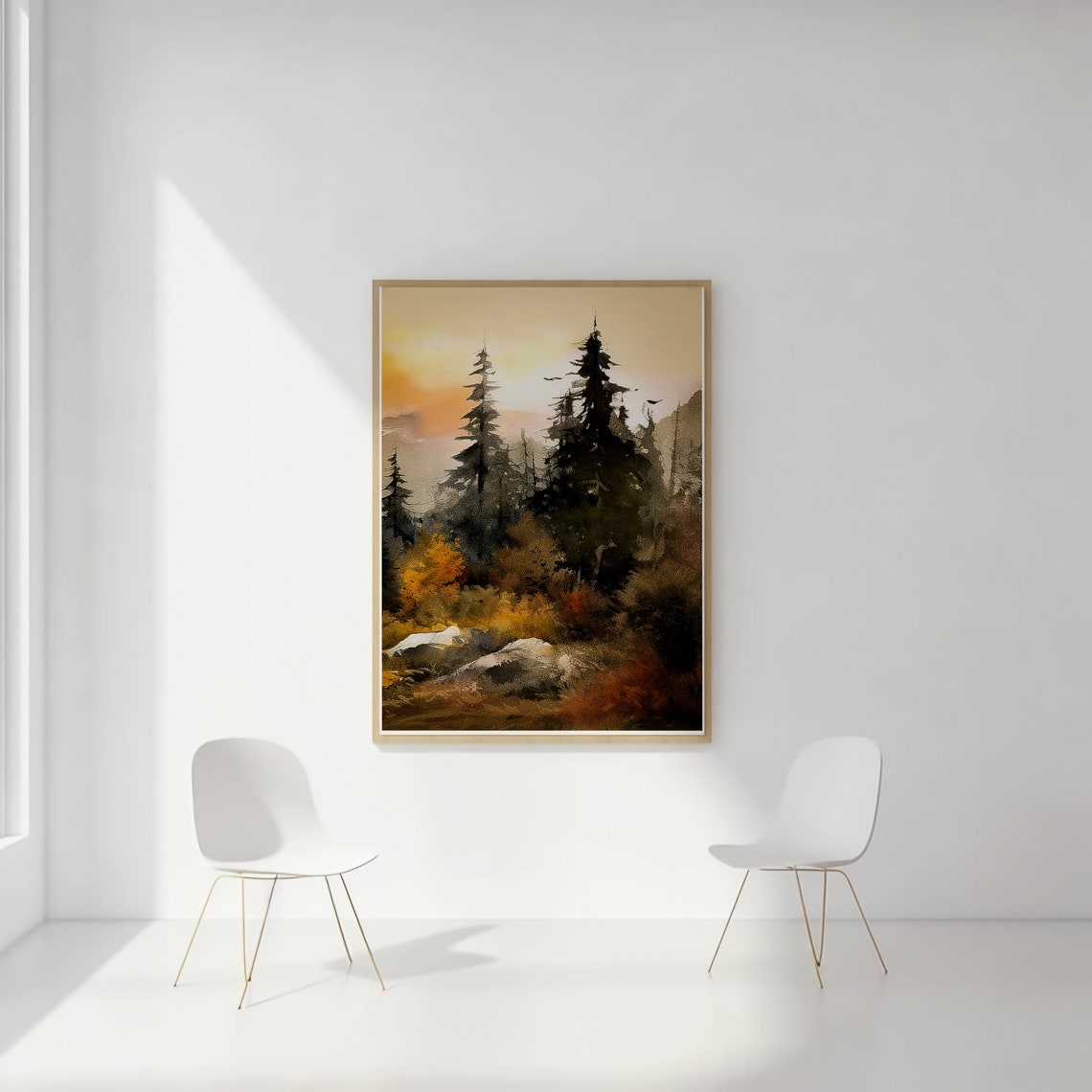 Autumn Pine Forest Watercolor Orange Foliage Flying Birds Wall Art - Image 2