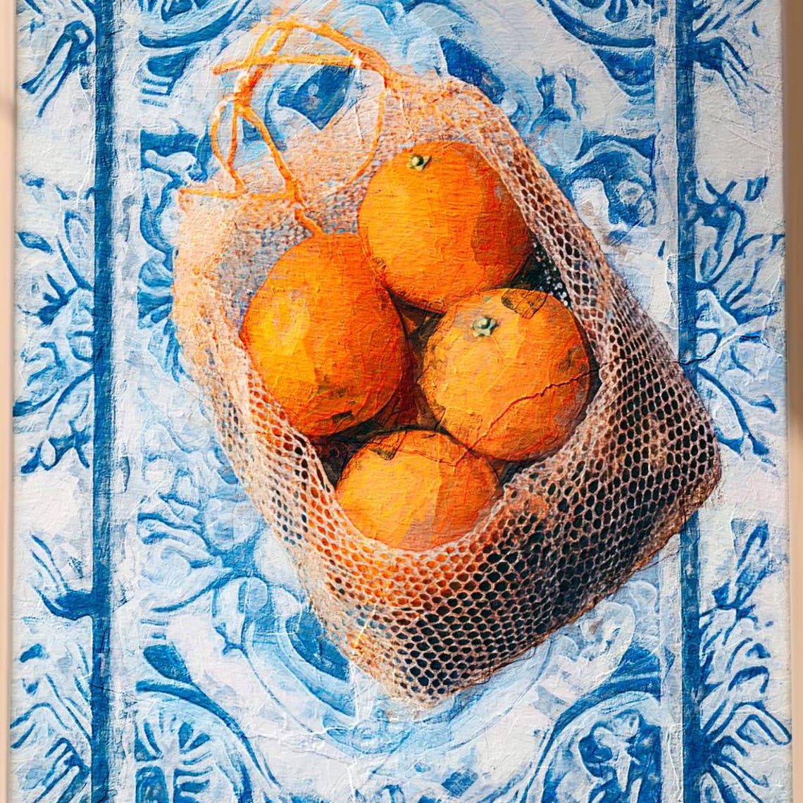 Mediterranean Oranges Mesh Bag Blue Tiles Still Life Art Print Decor - Image 3