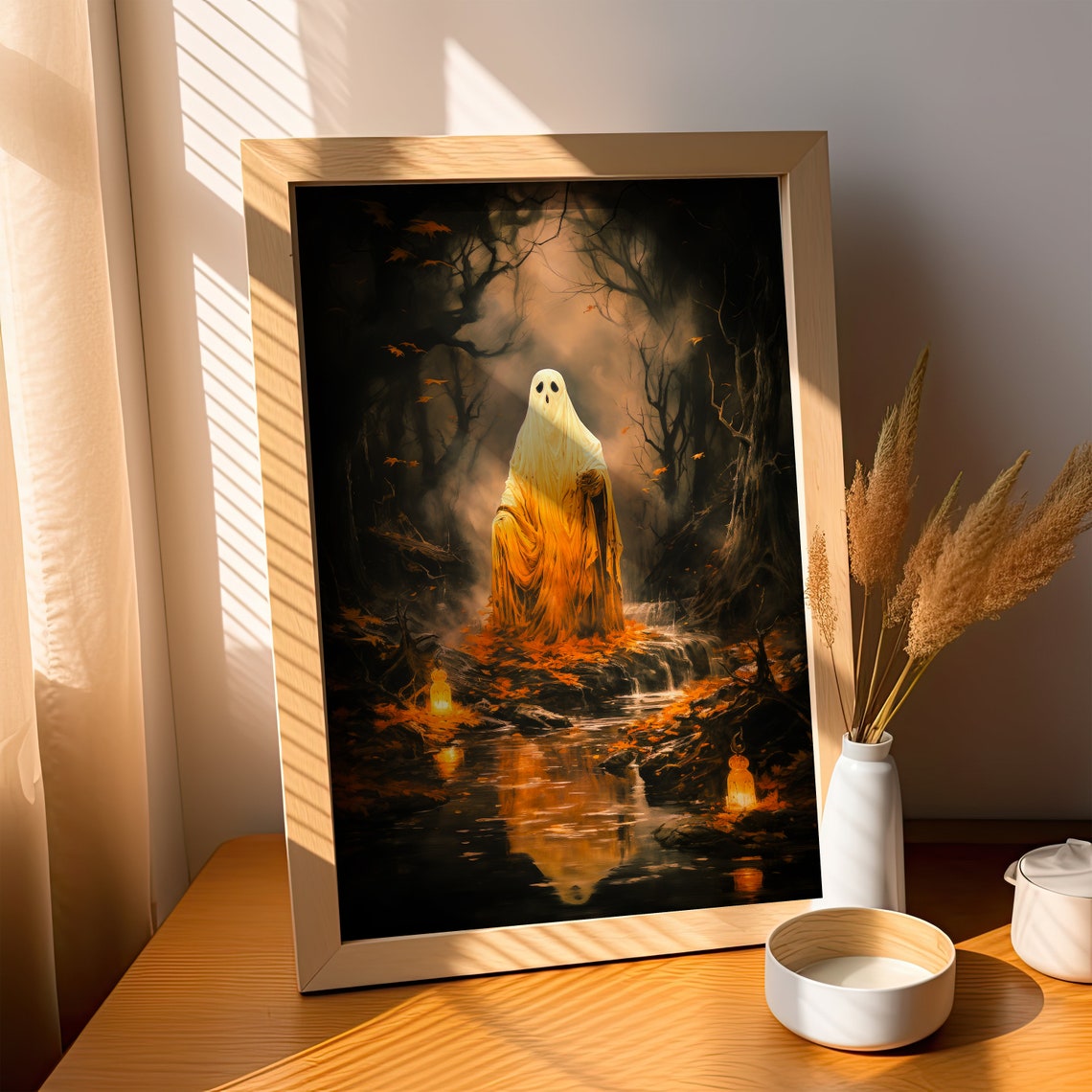 Glowing Sheet Ghost by a Waterfall in an Autumn Forest Poster - Image 2