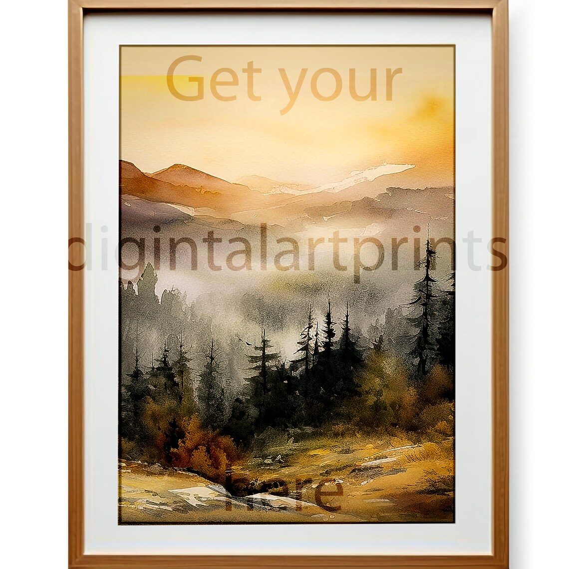 Misty Golden Dawn Mountain Pine Forest Foggy Watercolor Wall Art - Image 3