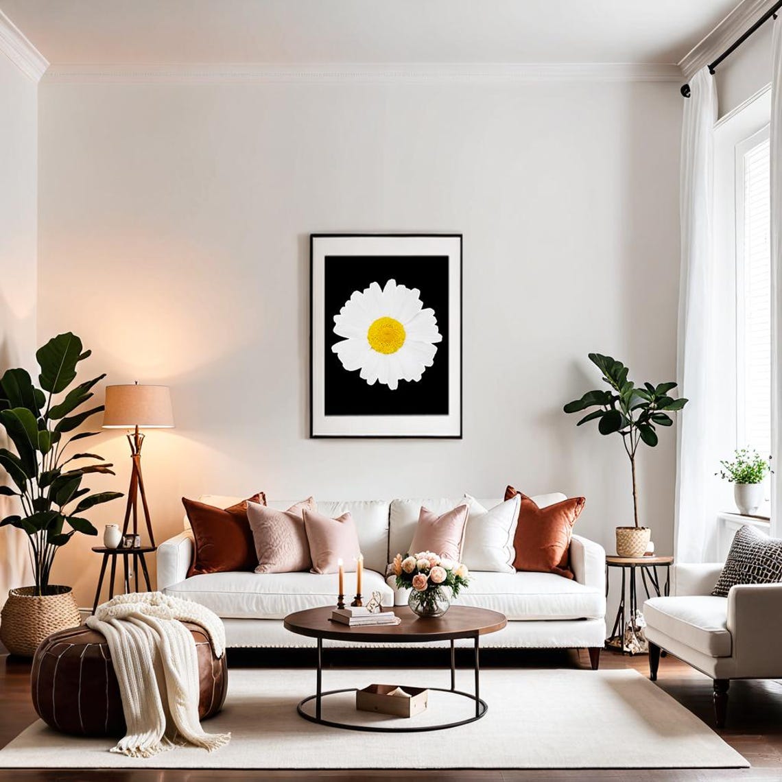 White Daisy with Yellow Center on Black Bold Botanical Wall Art - Image 2