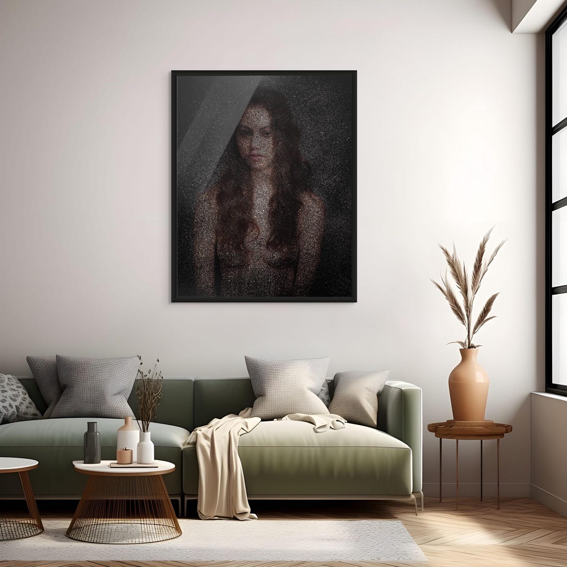 Woman Portrait Composed of Tiny Silver Particles on Black Poster - Image 2