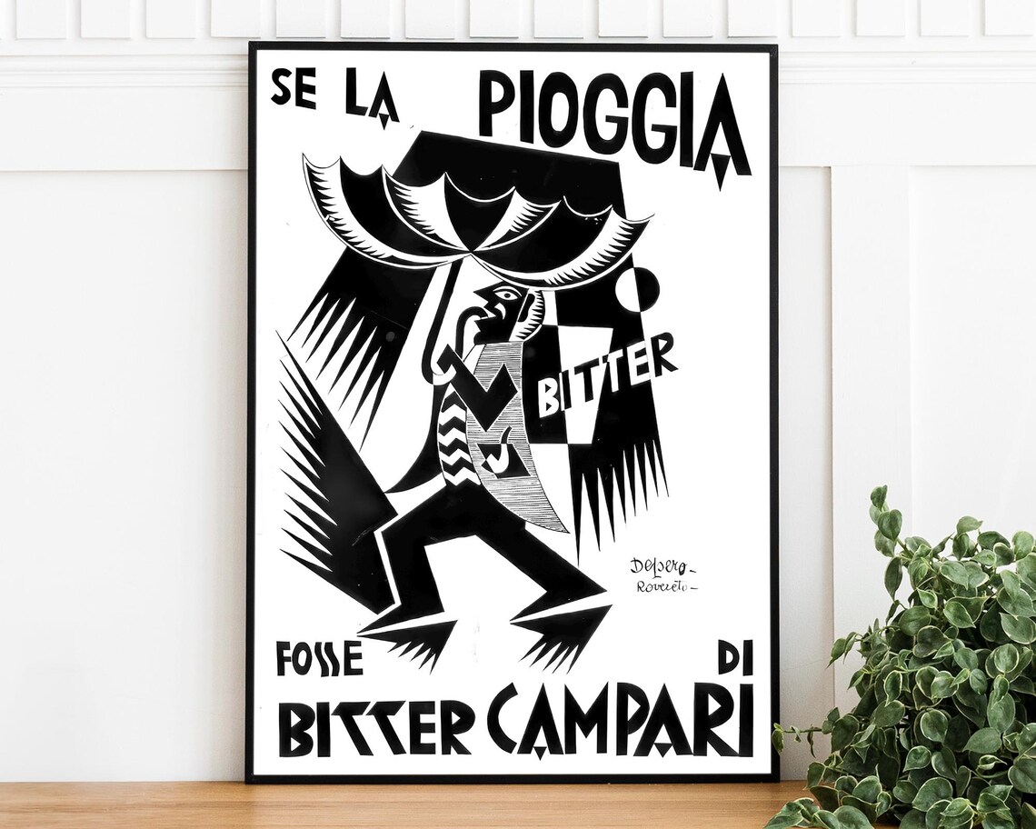 Bitter Campari Umbrella Rain Depero Rovesti Vintage Italian Poster
