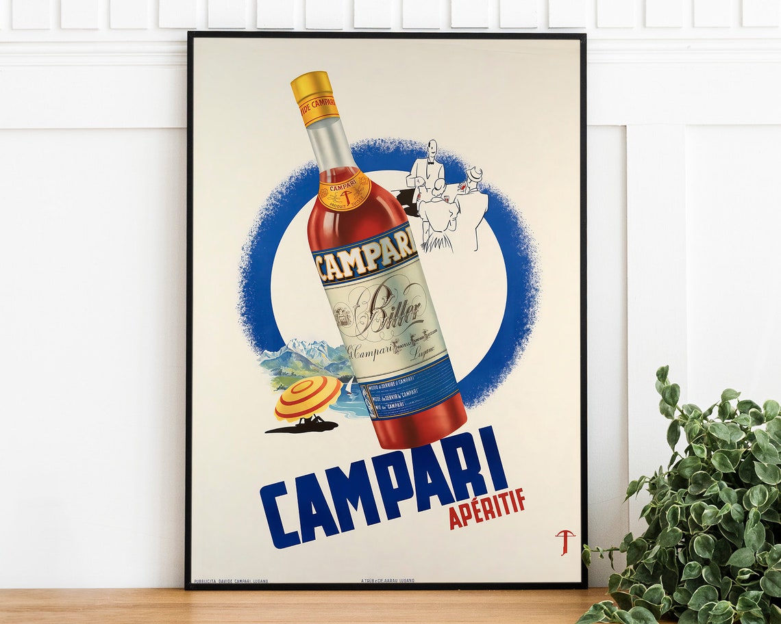 Campari Aperitif Bottle Beach Scene Vintage Italian Ad Poster