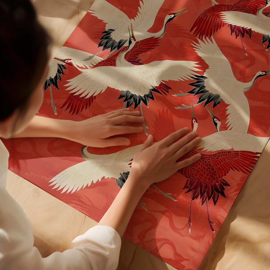 Red and White Cranes Japanese Kimono Style Vintage Bird Art Poster - Image 3