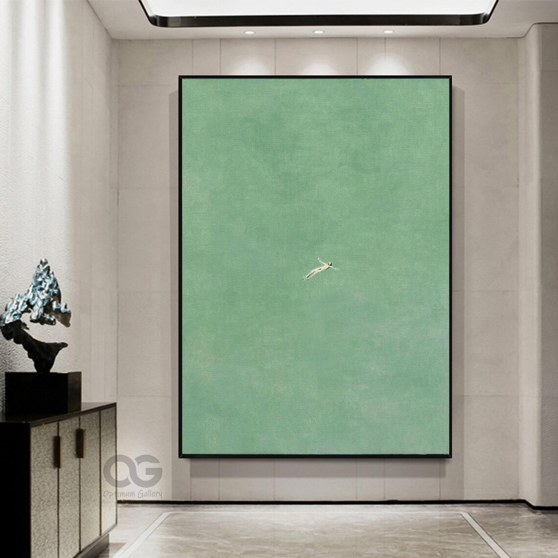Minimalist Green Sea Swimmer Floating Calm Ocean Abstract Wall Art Poster
