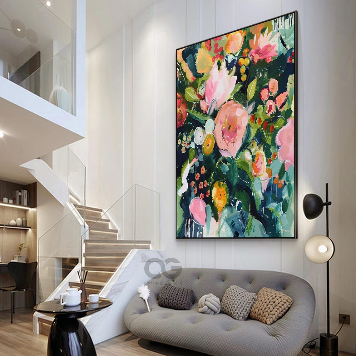 Original Garden Painting On Texture Painting Green Wall Art Colorful Flower Painting Living Room Wall Art Teal Luxurious Floral Art - Image 2