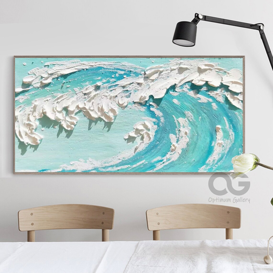 Turquoise Ocean Wave White Foam 3D Textured Impasto Modern Painting Wall Art - Image 2