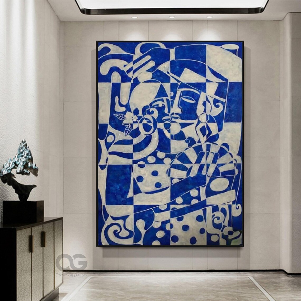 Cobalt Blue Beige Geometric Faces Abstract Checkered Pattern Art Poster