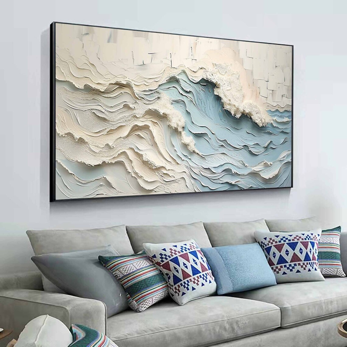 White Blue Textured Ocean Waves Abstract Painting Gold Framed Modern Wall Art - Image 4