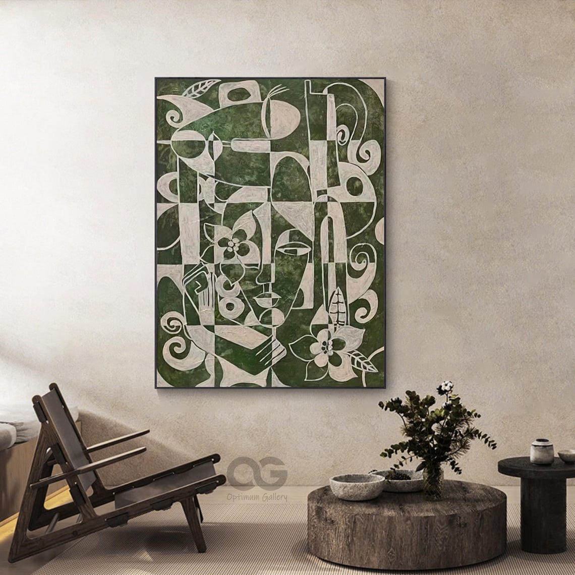 Abstract Lady Painting Woman Face Painting Large Green And Beige Portrait Artwork Modern Picasso Style Art Woman Wall Art Home Decor - Image 3
