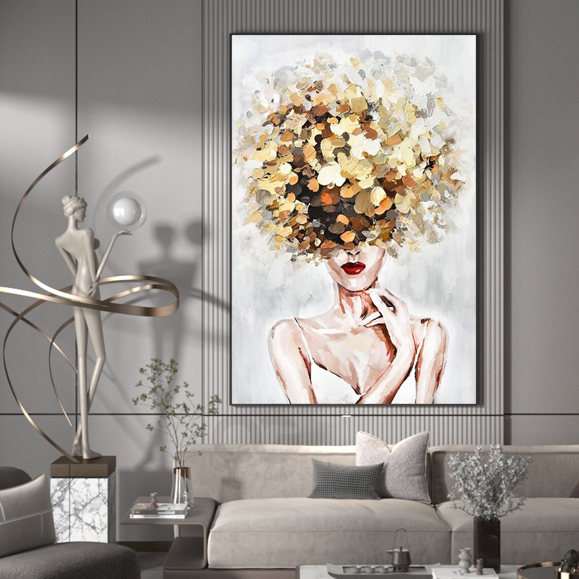 Golden Floral Hair Woman Portrait Red Lips Elegant Abstract Lady Poster - Image 3