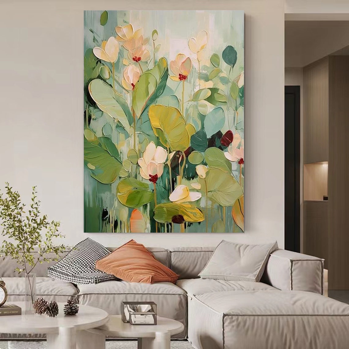 Original Garden Painting On 3dtexture Painting Green Wall Art Colorful Flower Painting Living Room Wall Art Teal Luxurious Floral Art - Image 4