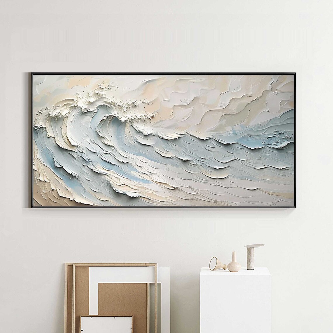 Cream White Curling Wave Blue Gray 3D Textured Gold Framed Painting Wall Art - Image 3