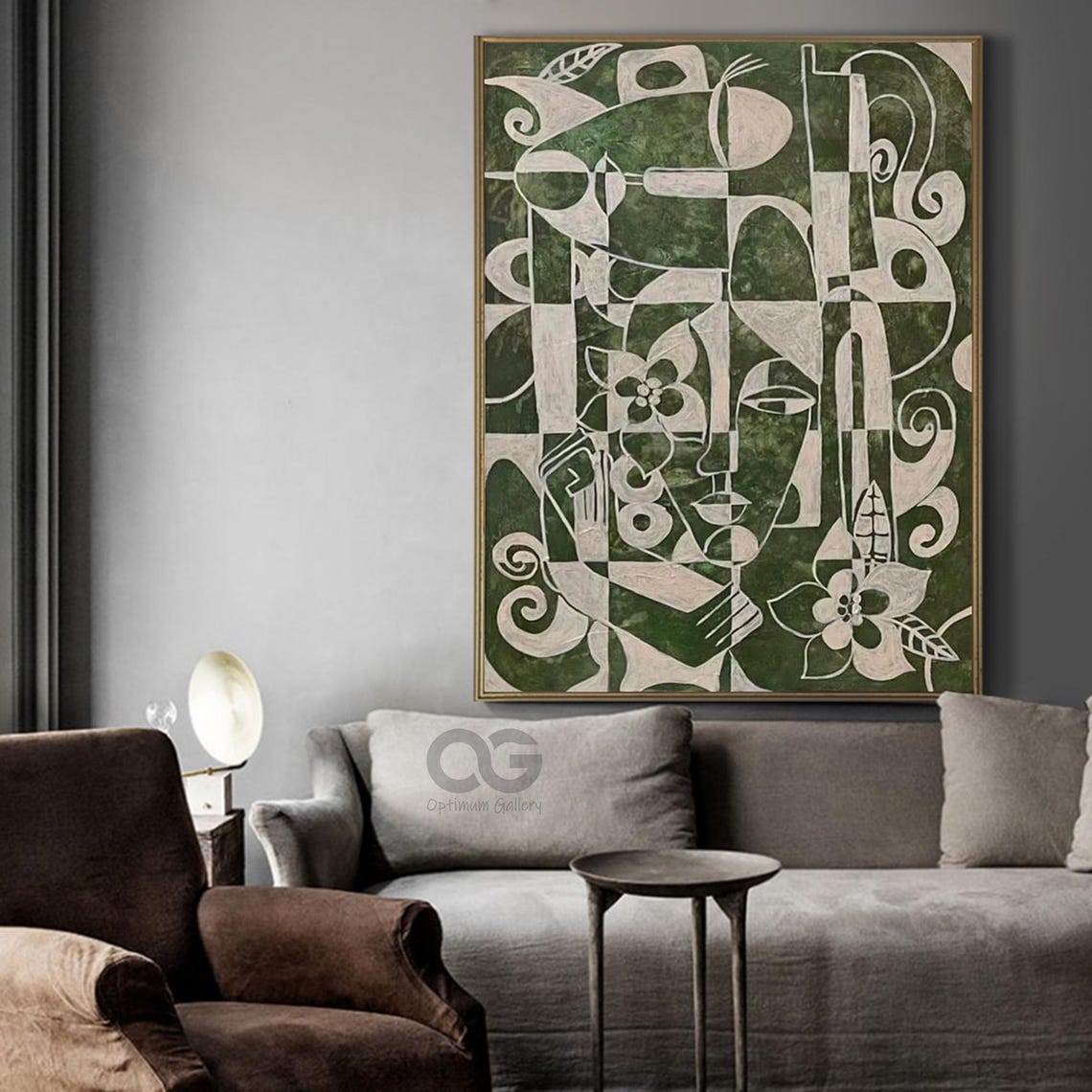 Abstract Lady Painting Woman Face Painting Large Green And Beige Portrait Artwork Modern Picasso Style Art Woman Wall Art Home Decor - Image 5