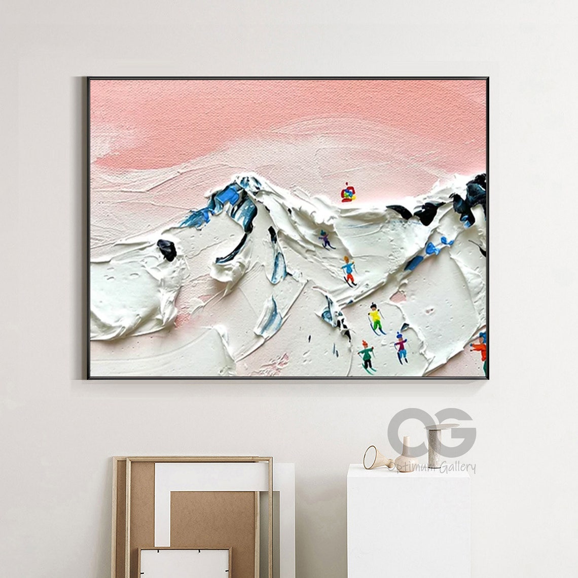 Pink Sky Snow Mountains Tiny Skiers Impasto Textured Winter Poster - Image 4