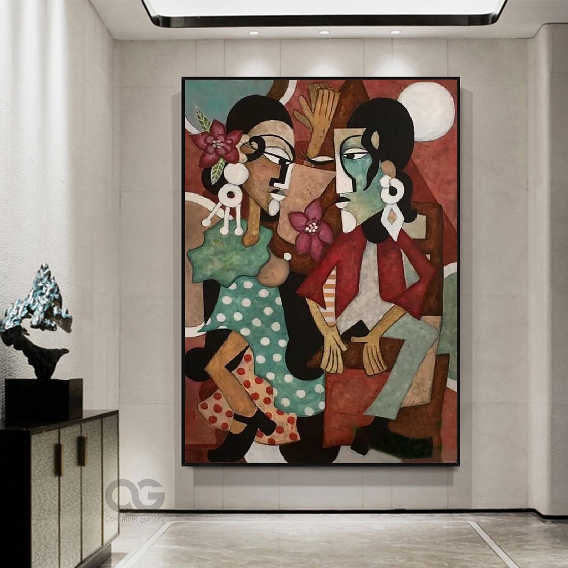 Large Abstract Ladies Painting Brown And Green Woman Painting Woman Face Artwork Picasso Style Portrait Painting Figurative Art Wall Decor