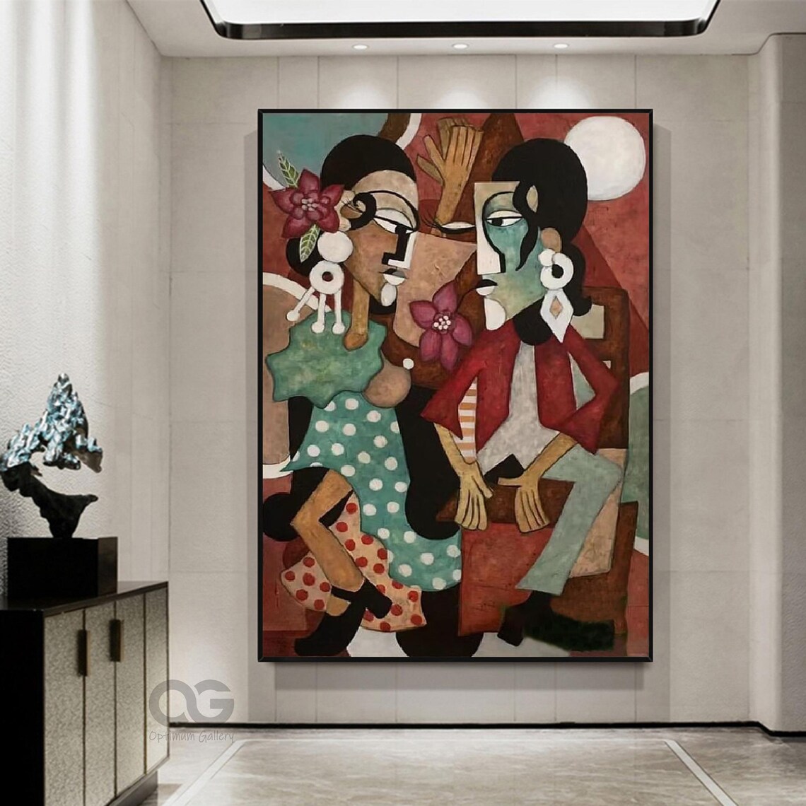 Two Stylized Ladies Polka Dot Dresses Floral Abstract Picasso Style Poster
