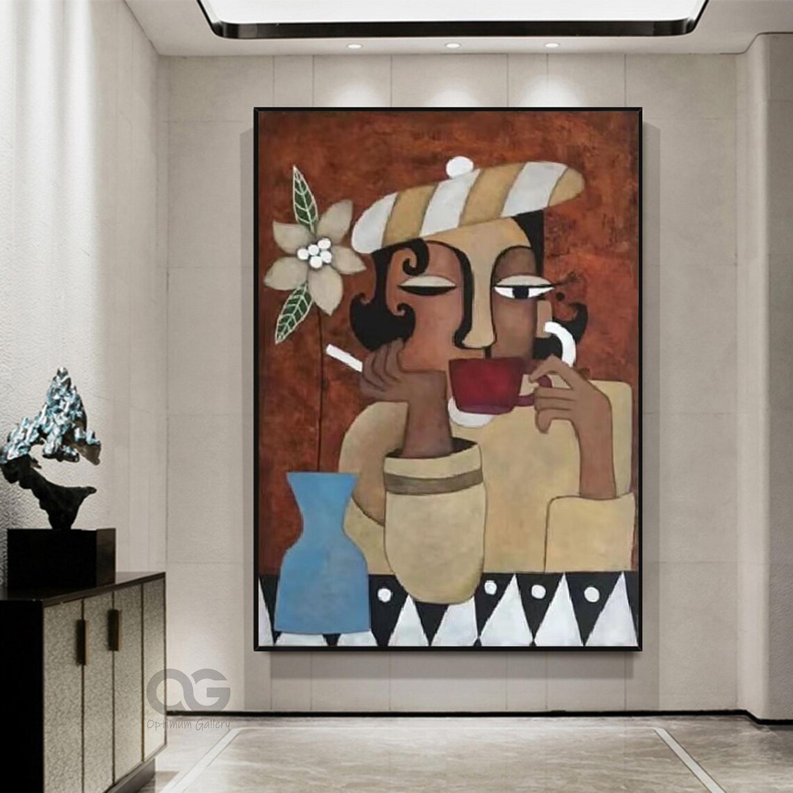 Woman Drinking Coffee Striped Hat Warm Red Abstract Figurative Art Poster