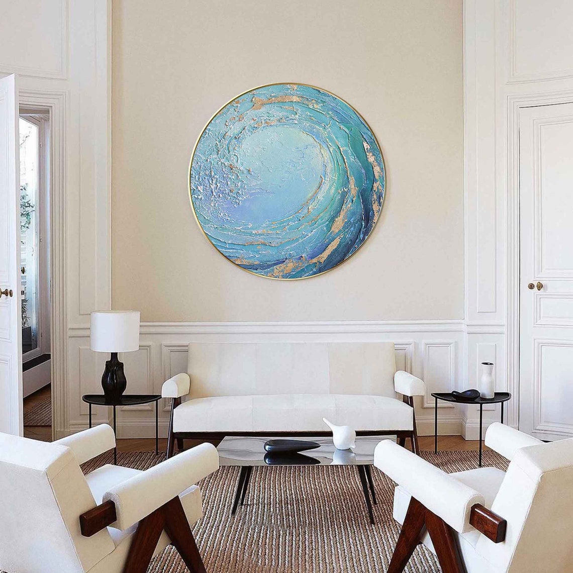 Round Turquoise Wave Vortex Gold Leaf Swirl Ocean Wall Art Poster - Image 4