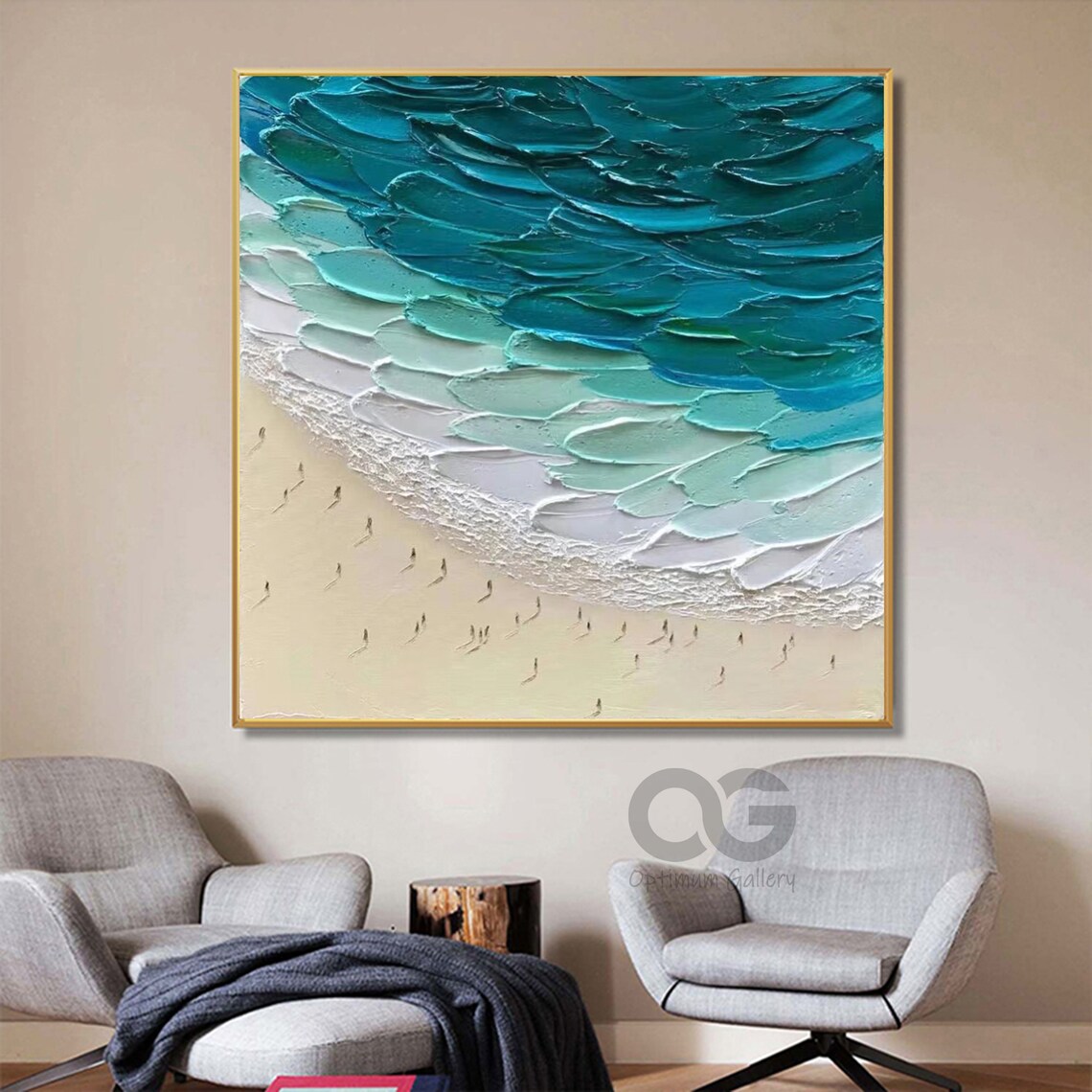Turquoise Ocean White Beach Tiny Figures 3D Impasto Aerial Scene Poster - Image 5