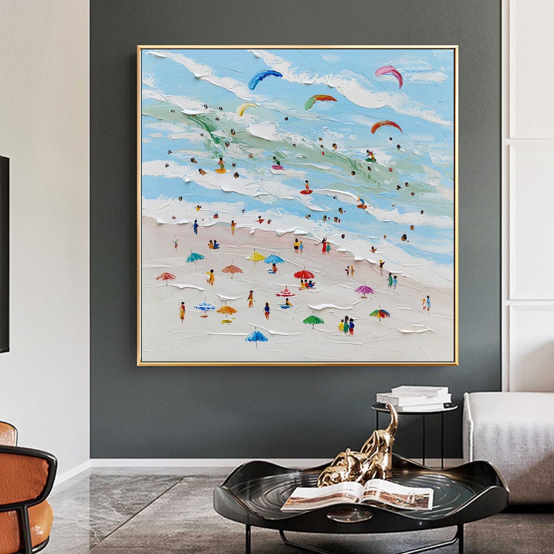 Sunny Beach Umbrellas Kitesurfers Textured Waves Crowded Shore Poster - Image 4