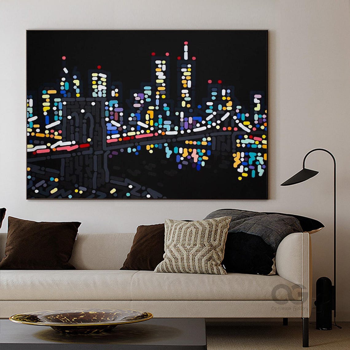 New York City Night Skyline Bridge Lights Pointillist Cityscape Poster - Image 5
