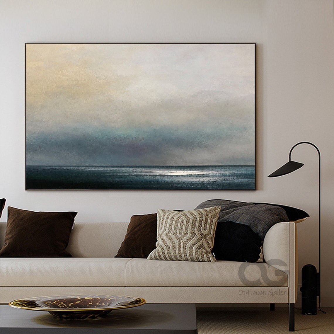 Minimalist Abstract Seascape Pale Sky Dark Blue Ocean Square Wall Art - Image 4