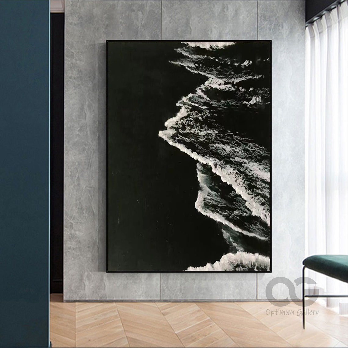 Black And White Aerial Ocean Waves Abstract Modern Art Poster Large - Image 4