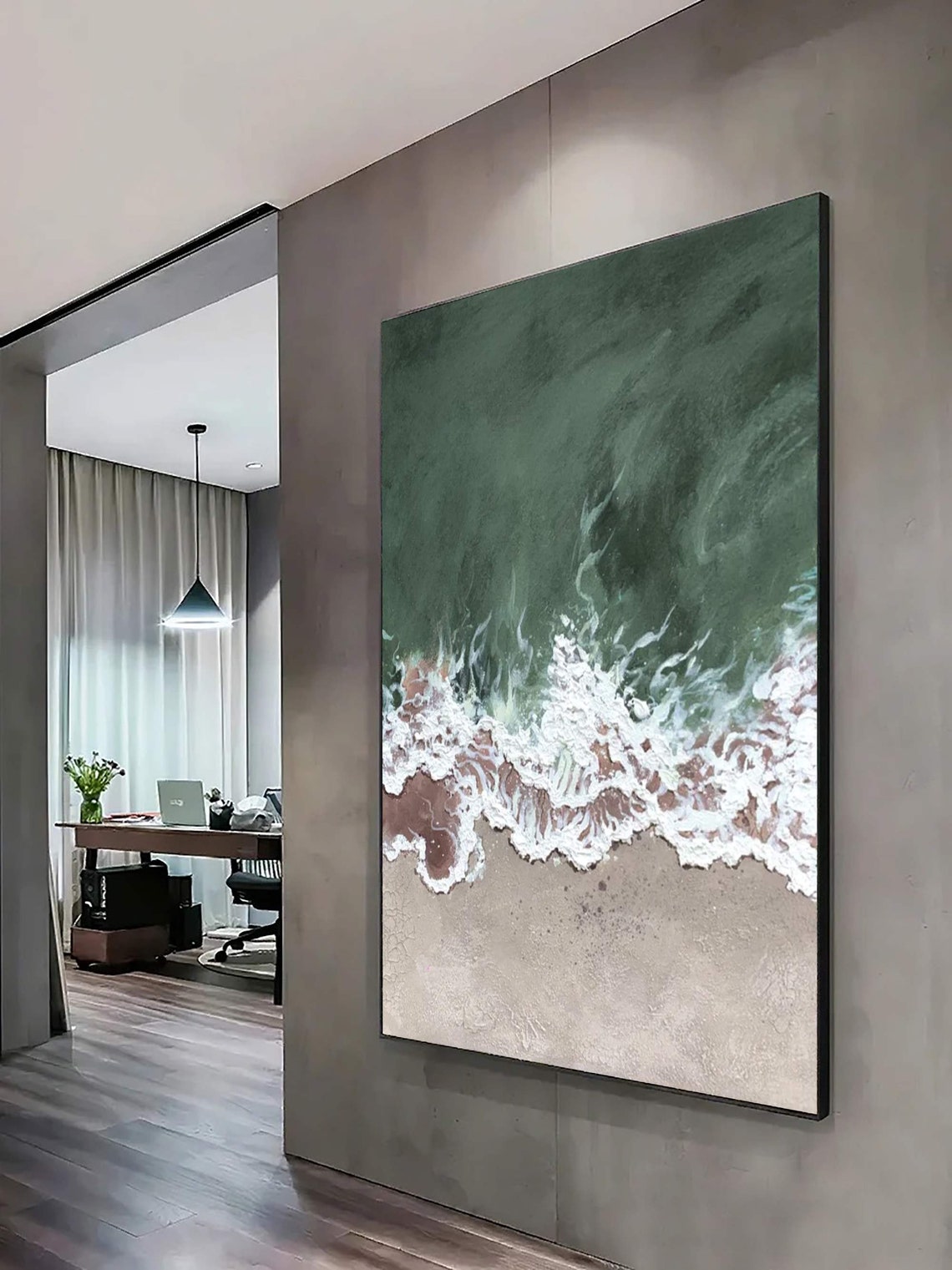 Aerial Green Sea White Foam Waves Pale Sand Beach Ocean Scene Poster - Image 2