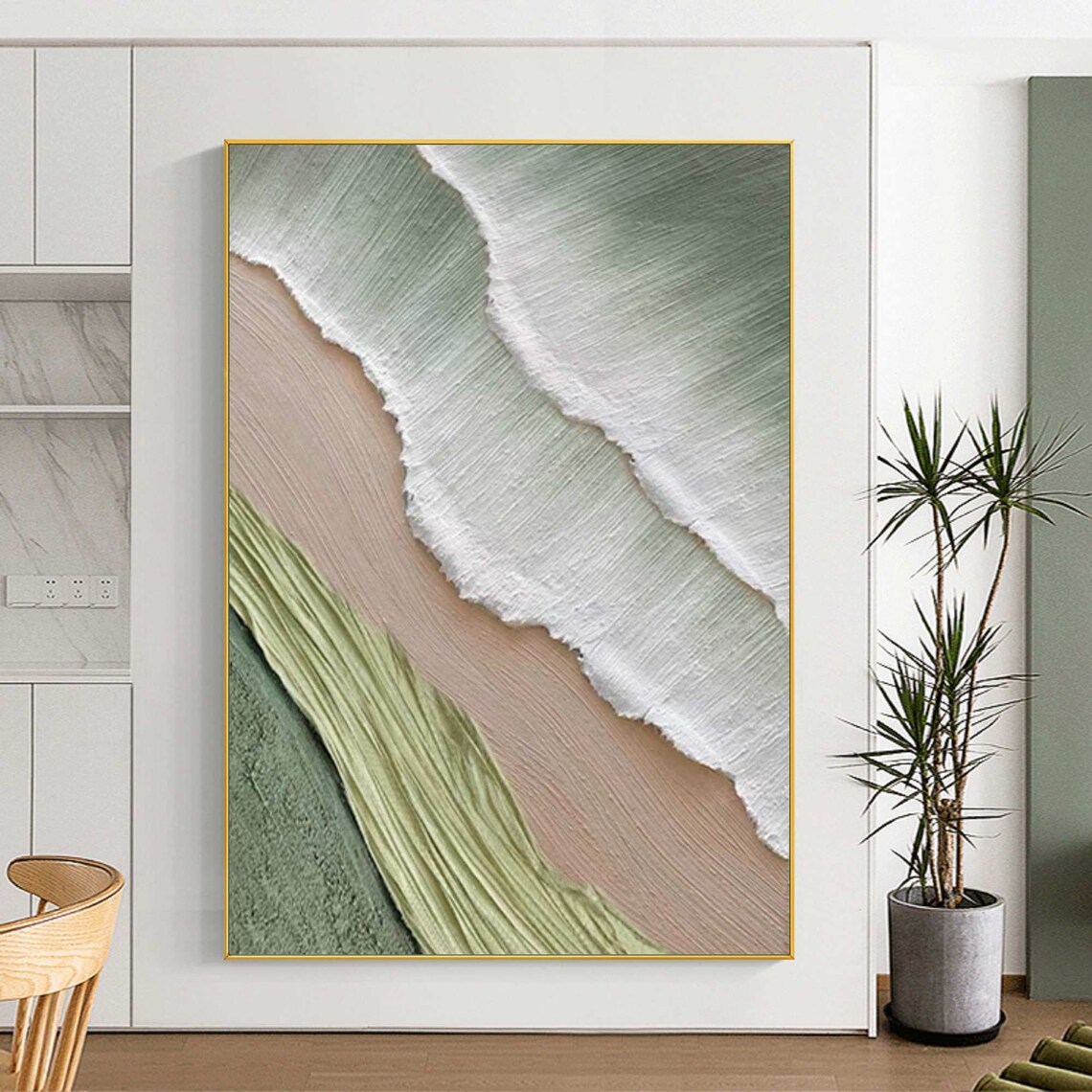 Green White Foam Wave Beige Sand Textured Coastal Abstract Scene Poster