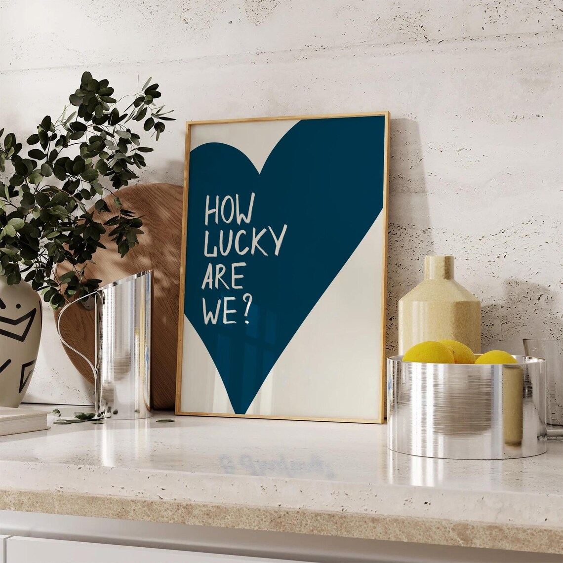 How Lucky Are We Navy Blue Heart Quote Art Print - Image 3
