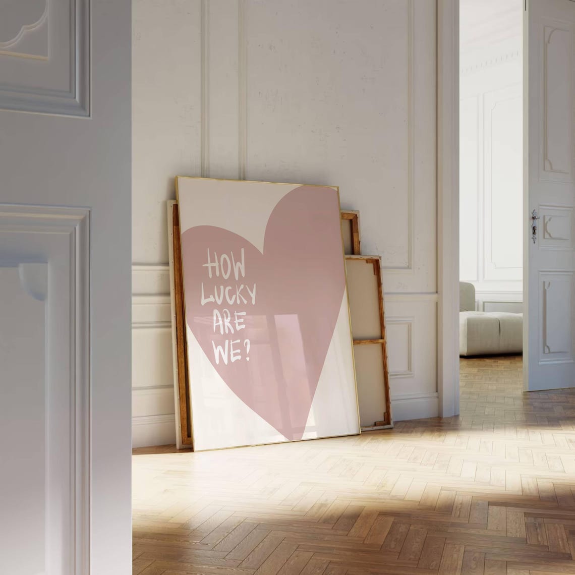 How Lucky Are We Big Dusty Pink Heart Minimalist Quote Poster - Image 2