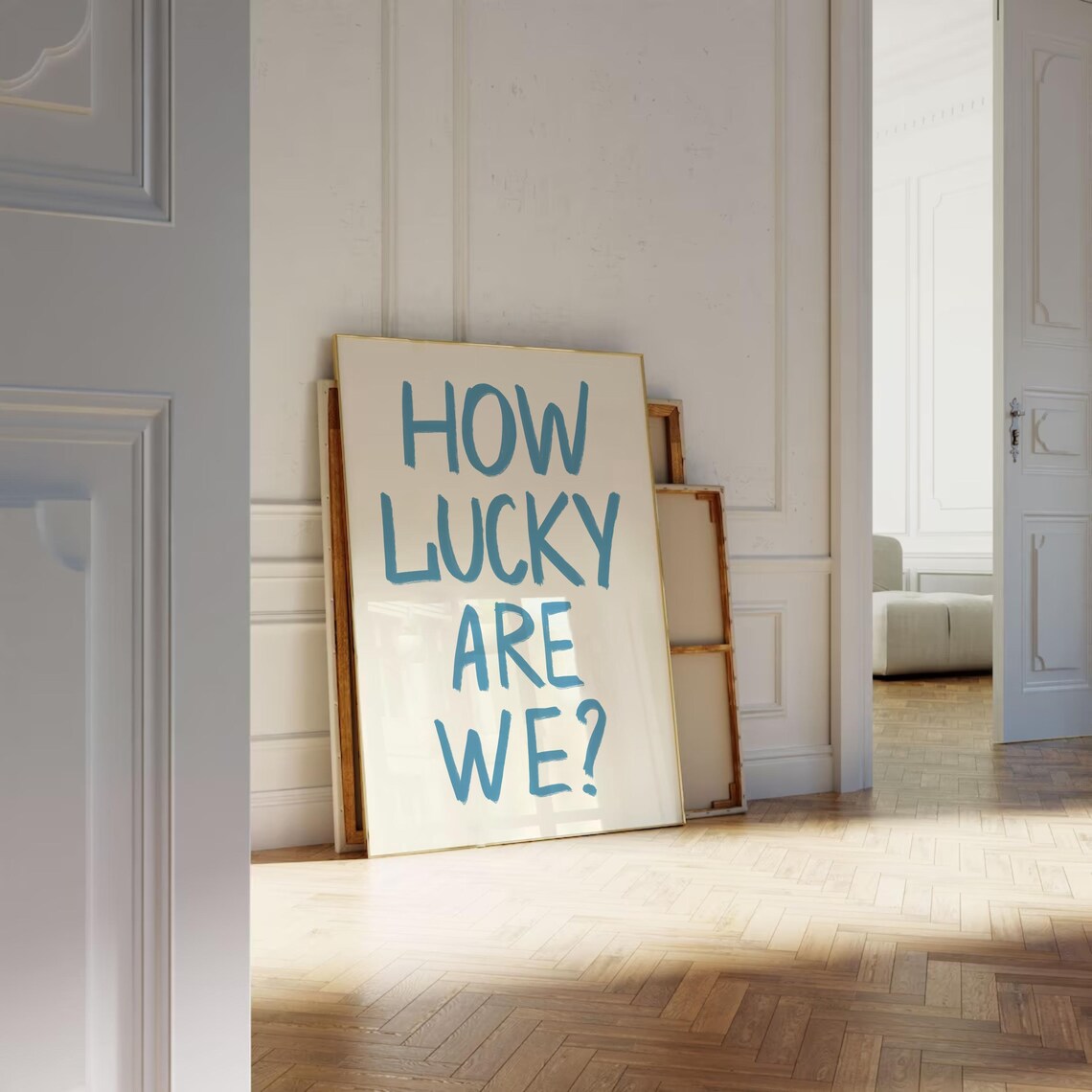 How Lucky Are We Dusty Blue Brush Lettering Gratitude Quote Poster - Image 2
