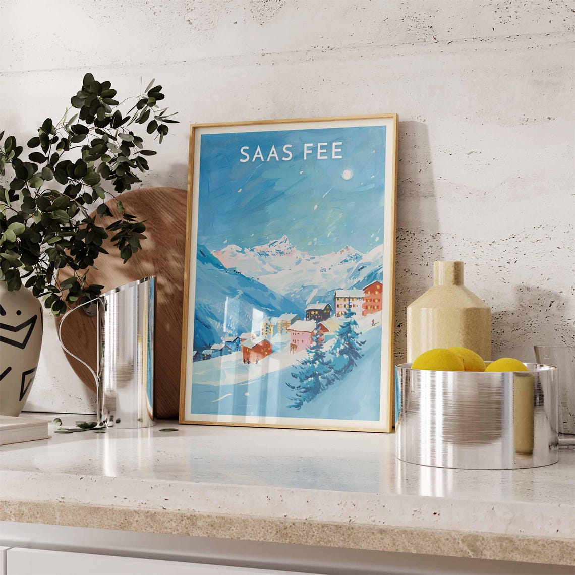 Saas Fee Switzerland Moonlit Blue Sky Warm Chalets Snowy Peaks Poster - Image 2