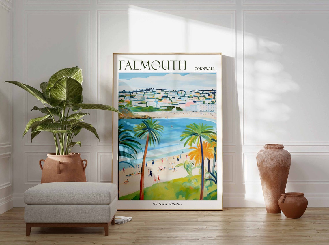 Falmouth Cornwall Colorful Beach Palm Tree Scene Art Travel Poster - Image 3