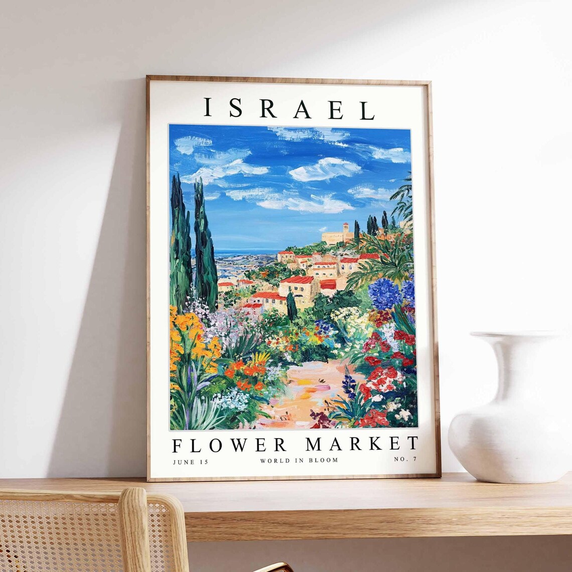 Israel Flower Market Hilltop Town Cypress Garden Path Art Poster