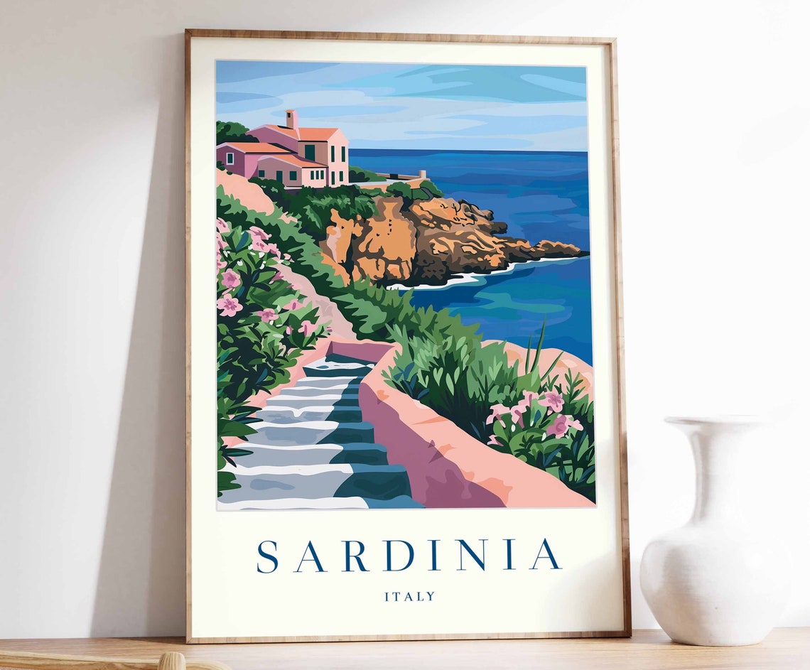 Sardinia Italy Cliffside Coastal House Vintage Travel Poster