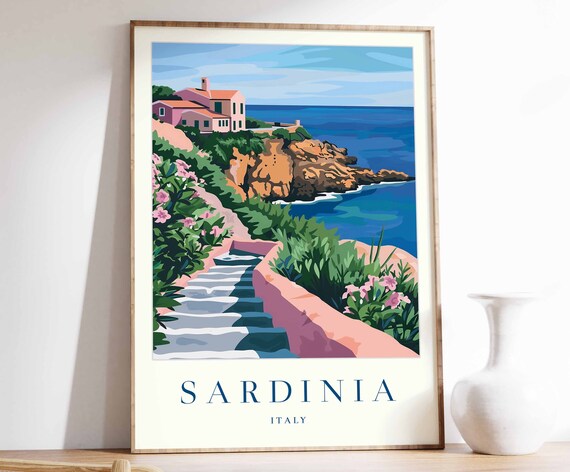 Sardinia Italy Cliffside Coastal House Vintage Travel Poster