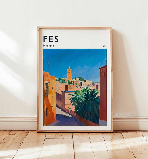 Fes Morocco 1989 Medina Skyline Minaret Blue Sky Travel Poster