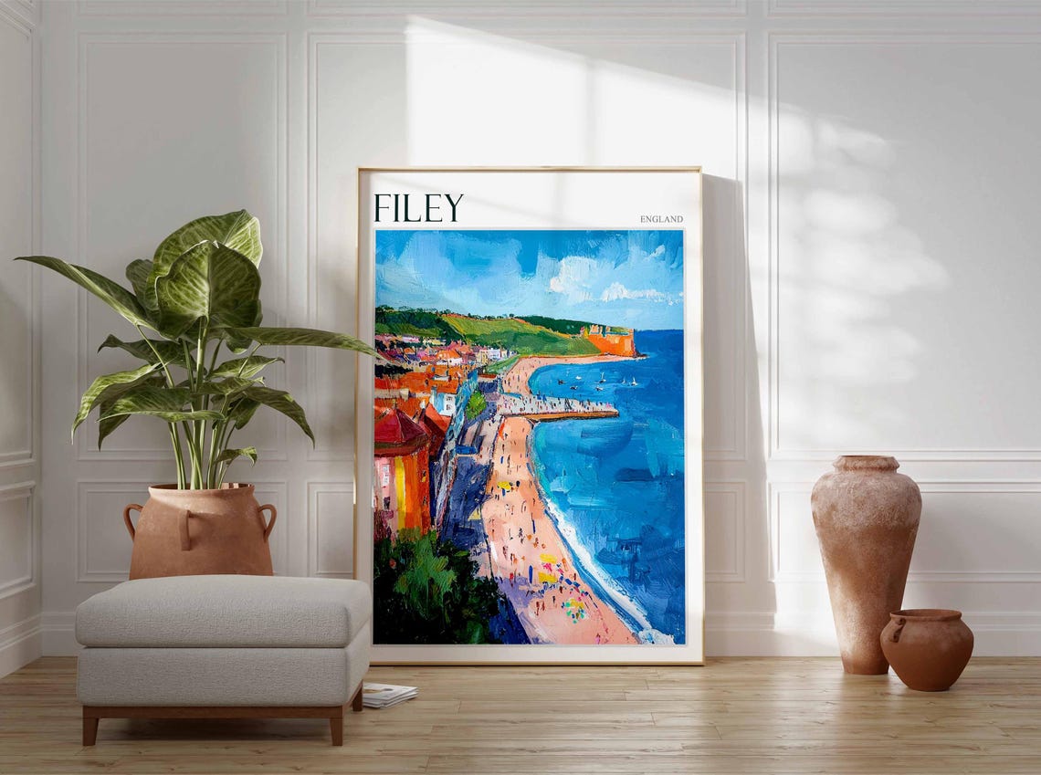 Filey Sandy Beach Pier Cliffside Town Yorkshire Coastal Travel Poster - Image 3