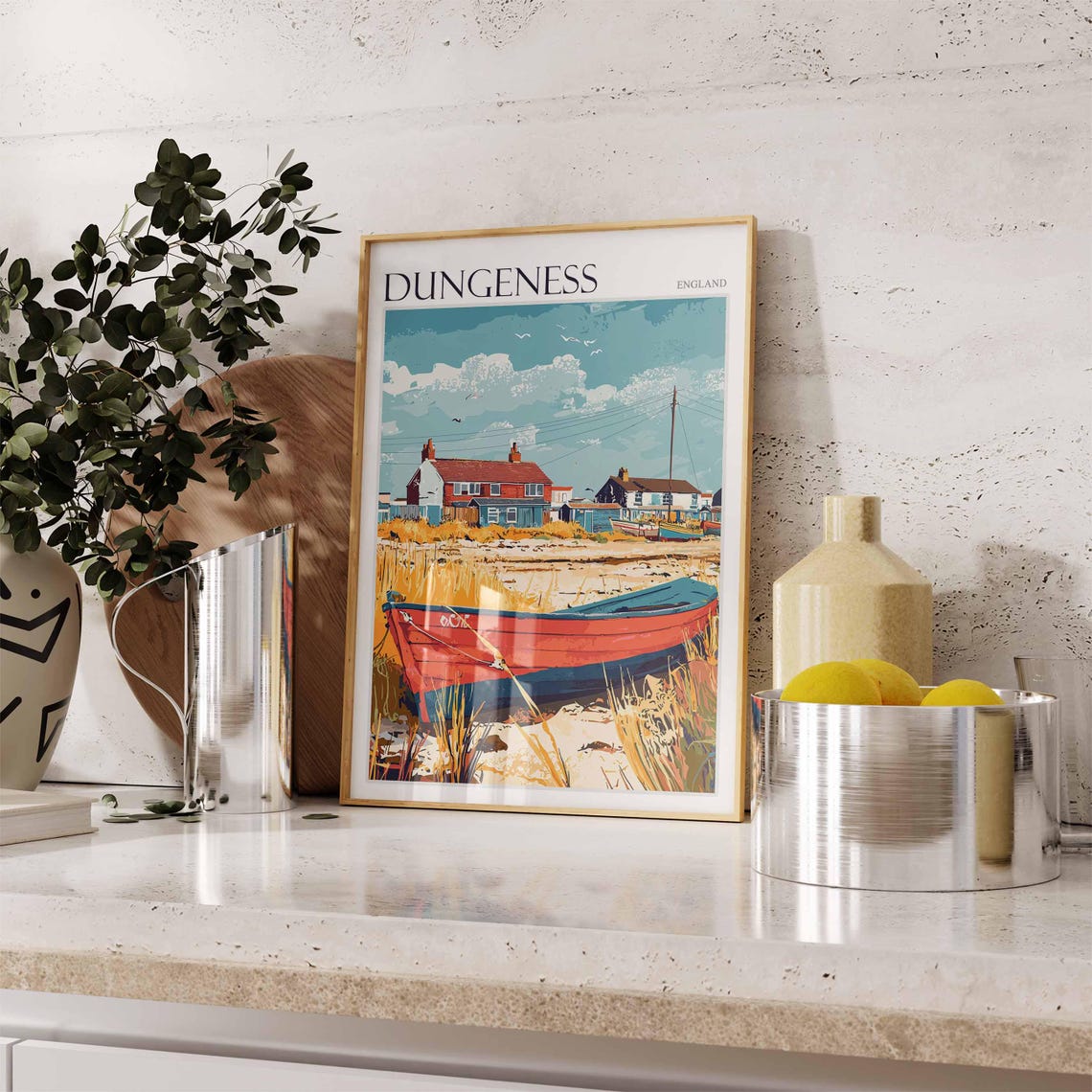 Dungeness England Red Rowboat and Shingle Beach Illustration Poster - Image 2