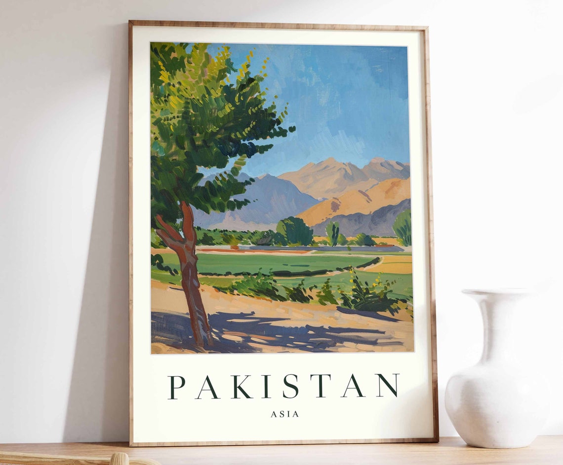 Pakistan Asia Golden Mountain Valley Painterly Landscape Poster