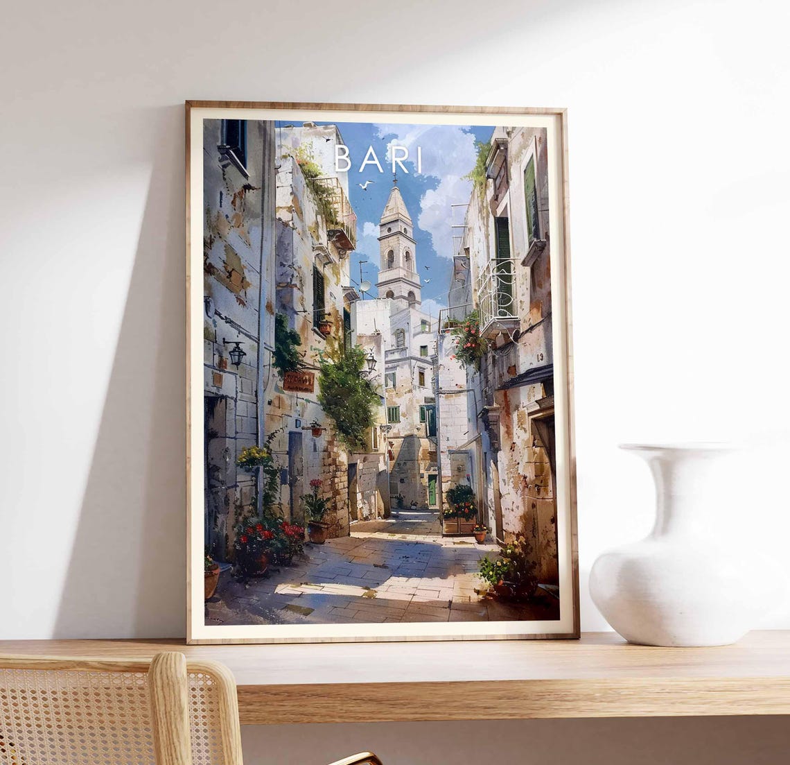 Bari Italy Old Town Alley Bell Tower Vintage Street Art Poster