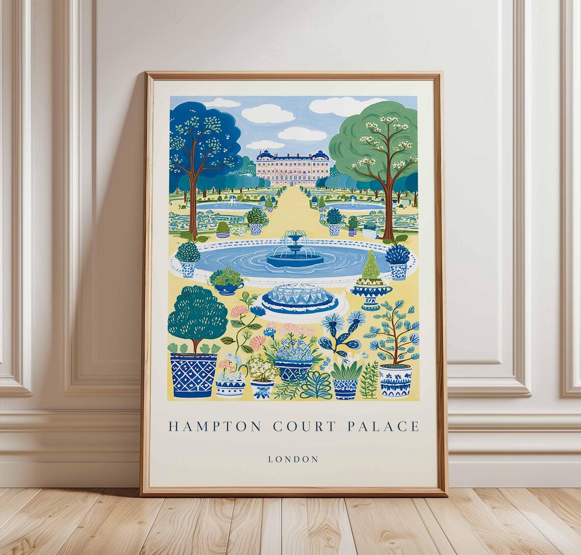 Hampton Court Palace London Garden Fountain Vintage Travel Poster
