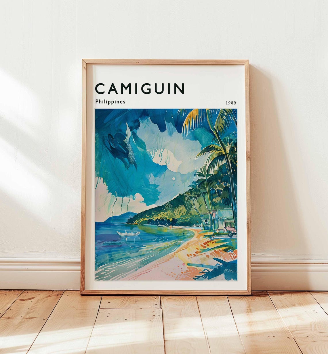 Camiguin Philippines 1989 Palm Tree Beach Watercolor Scene Poster