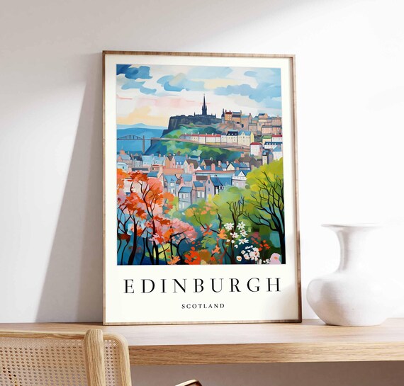 Edinburgh Watercolor Castle Spire Autumn Trees City View Poster