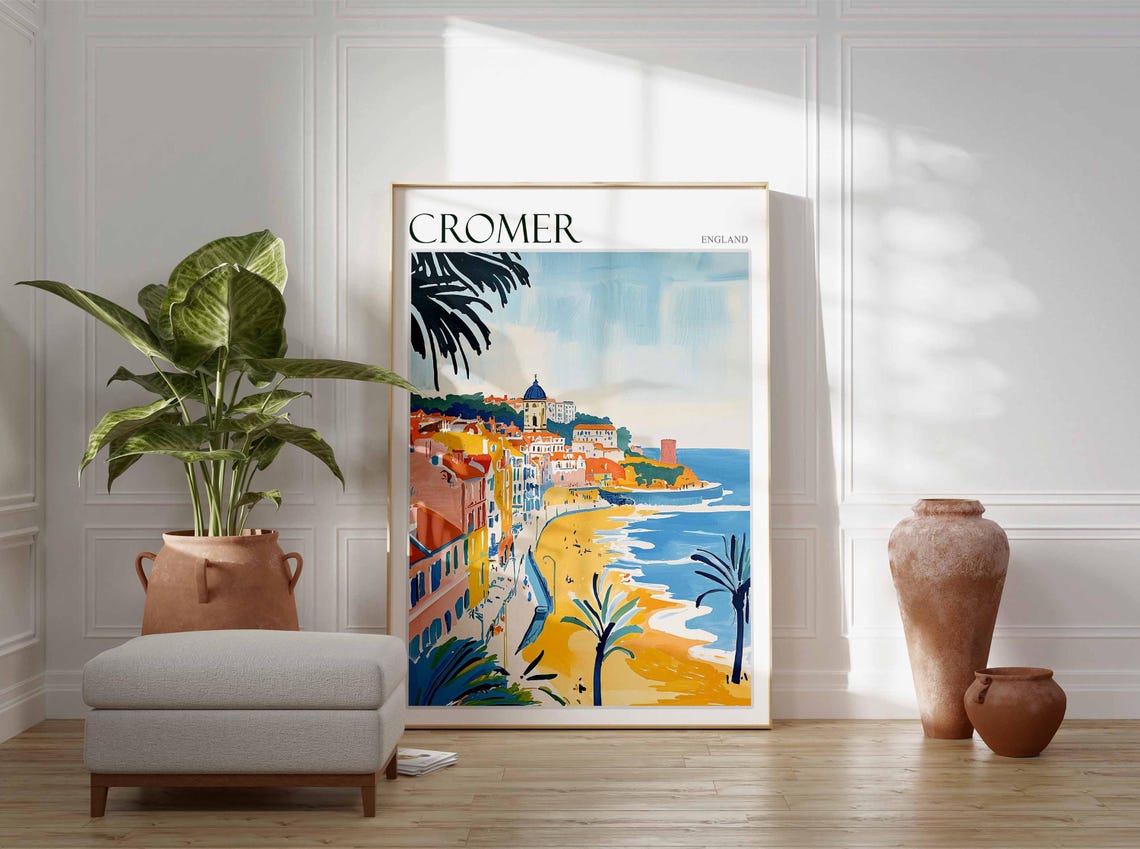 Cromer England Palm Trees and Golden Beach Curved Bay Art Poster - Image 3